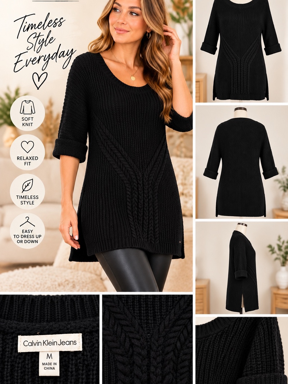 Calvin Klein Jeans Black Cable Knit Tunic Sweater Women’s M 3/4 Sleeve